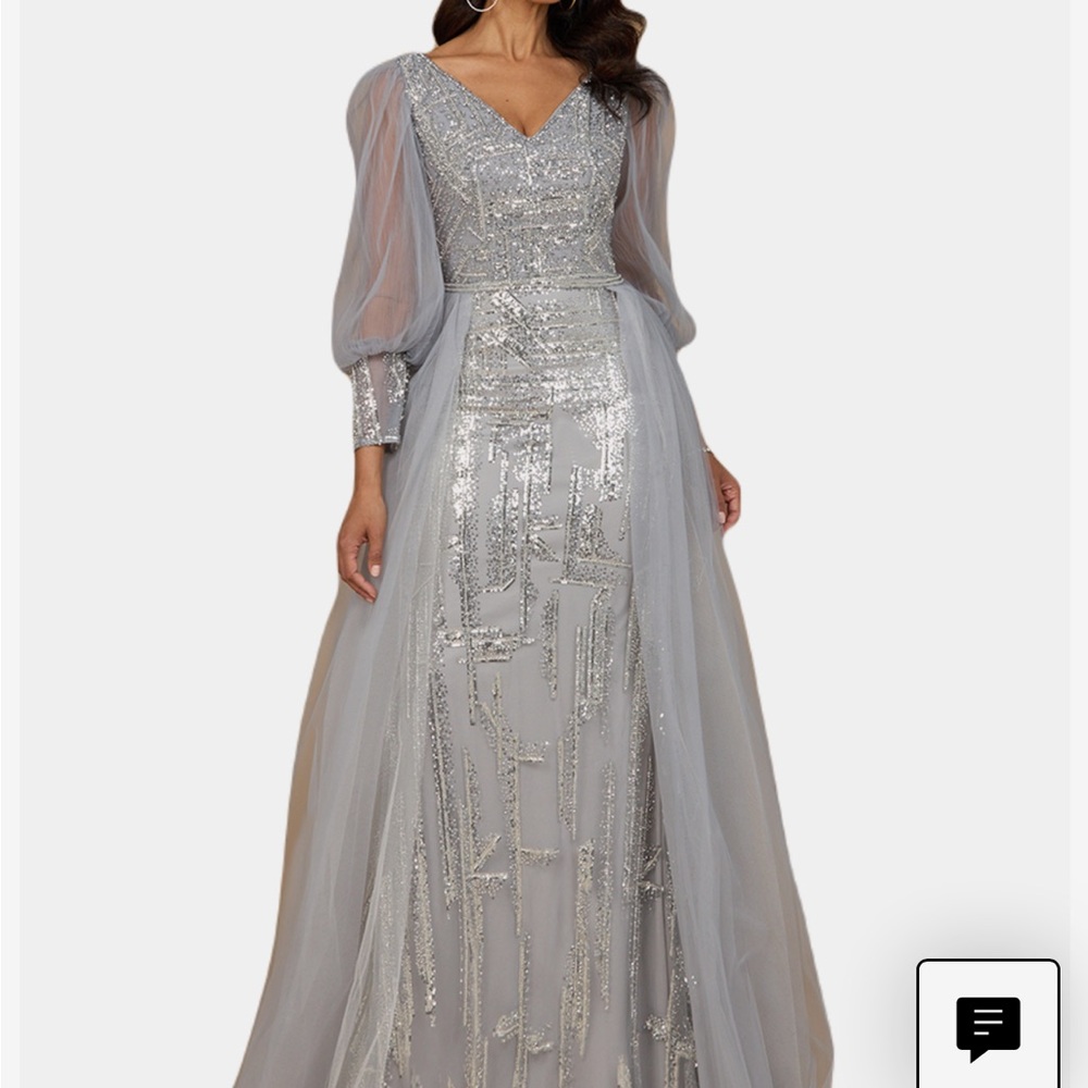 LARA Silver Long Sleeve Lace Maxi Dress, Mother of the bride or groom dress.